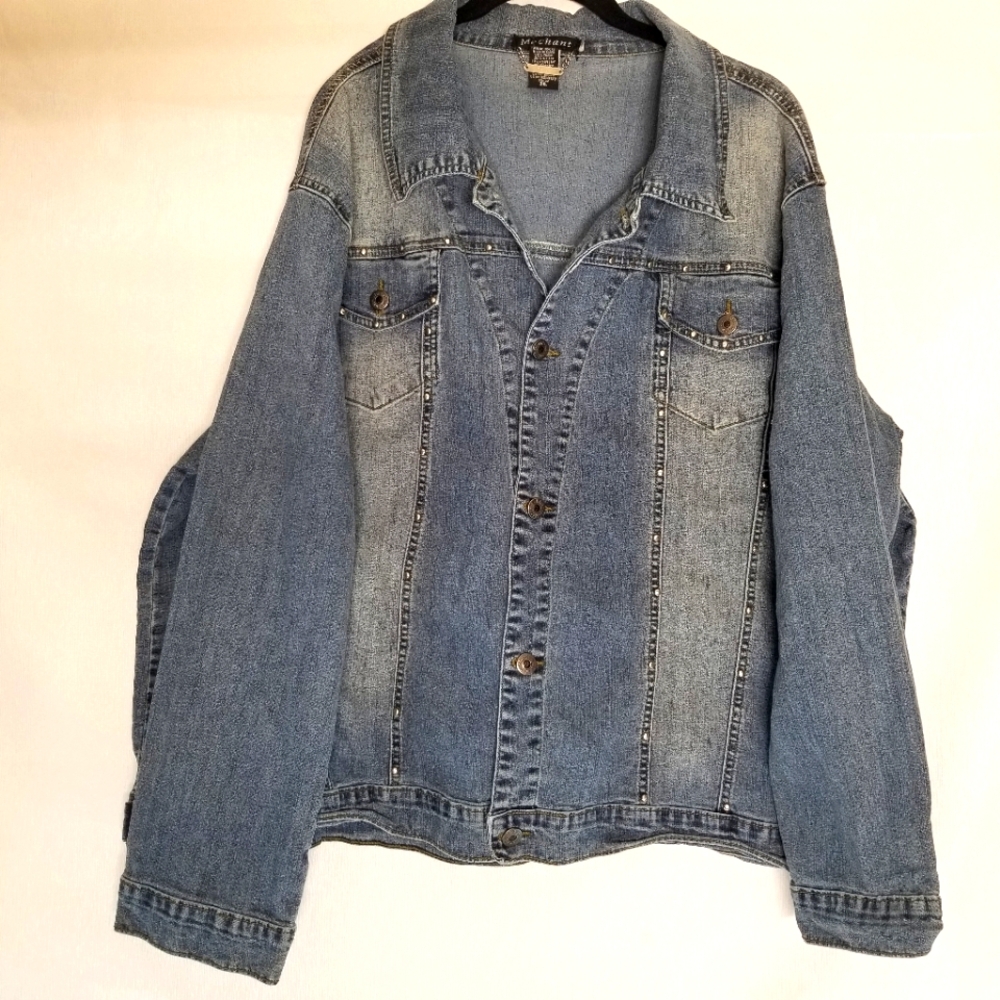 Mechant Denim Jacket Womans Size 3XL Vintage Studded Floral Fabric Patch
